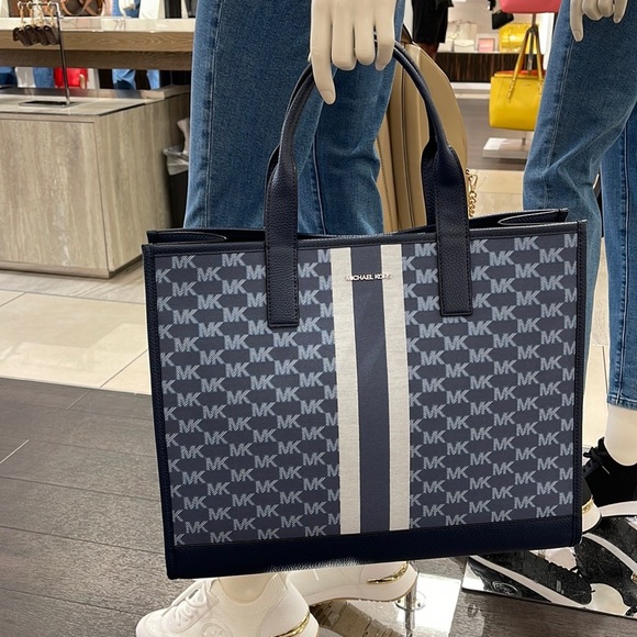 Michael Kors Men Women  XL Cooper Striped Logo Jacquard Structured Tote Handbag - Picture 9 of 16